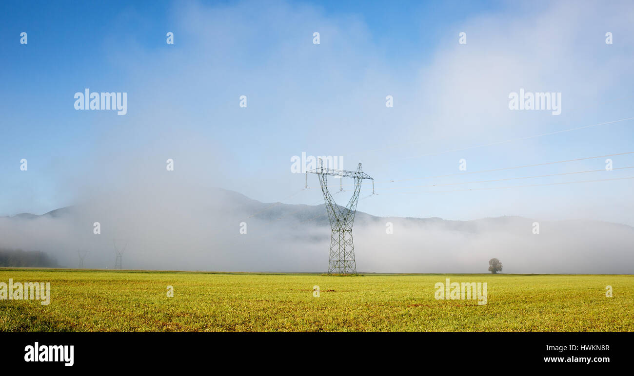 Big electricity high voltage pylon with power lines on a green grass in ...
