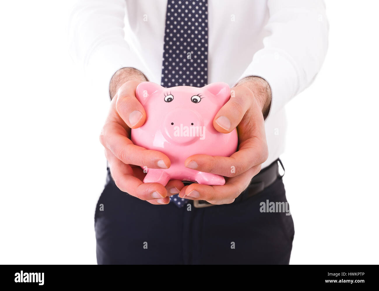 Businessman holding a piggy bank Stock Photo - Alamy