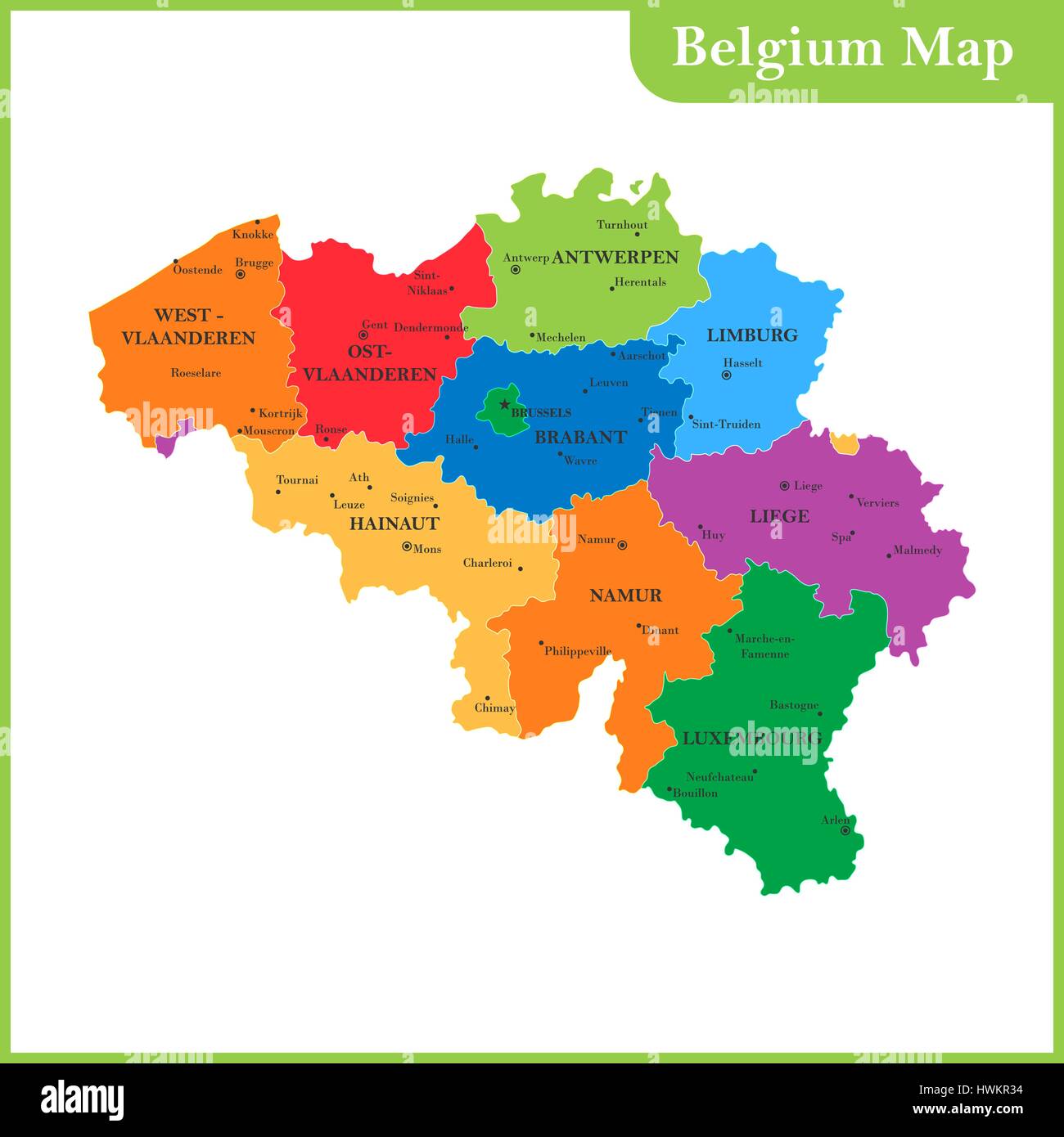 The detailed map of the Belgium with regions or states and cities ...
