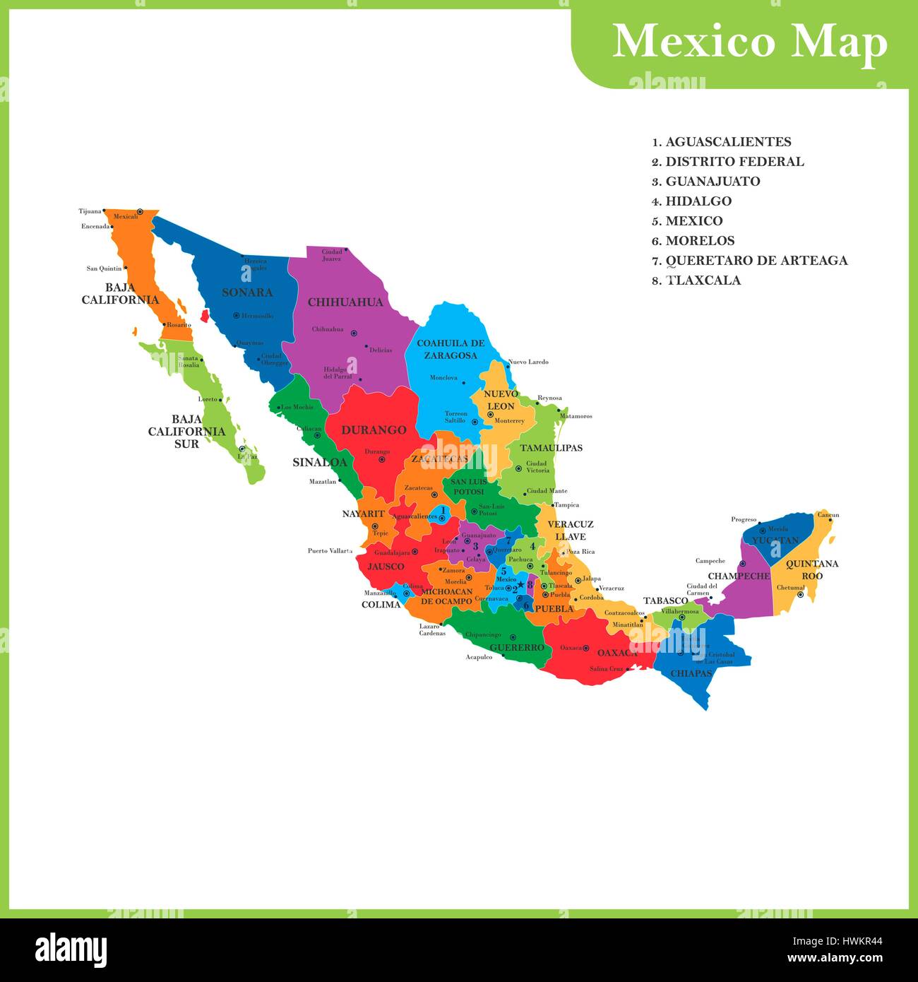 The Detailed Map Of The Mexico With Regions Or States And Cities
