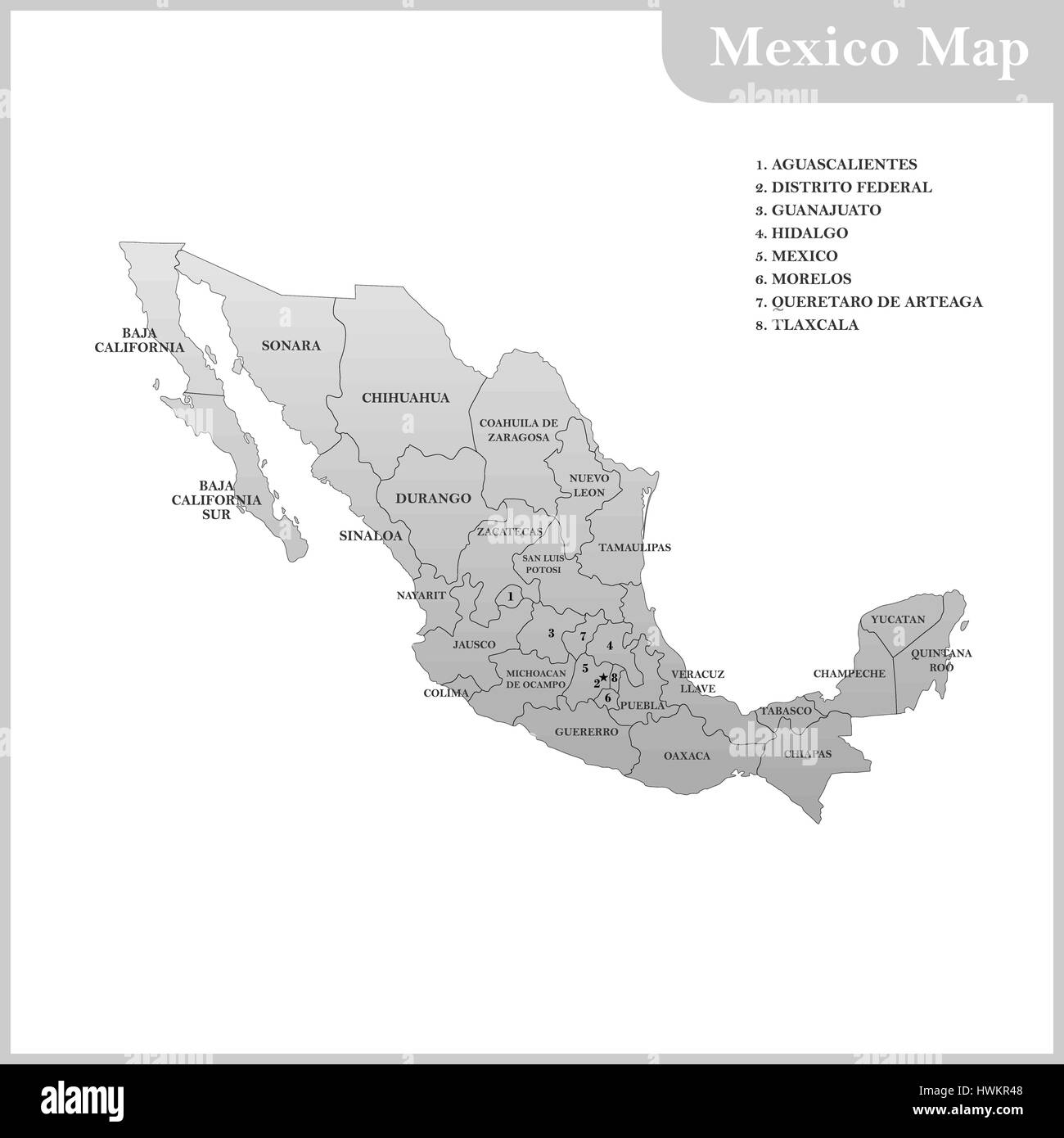The detailed map of the Mexico with regions or states Stock Vector