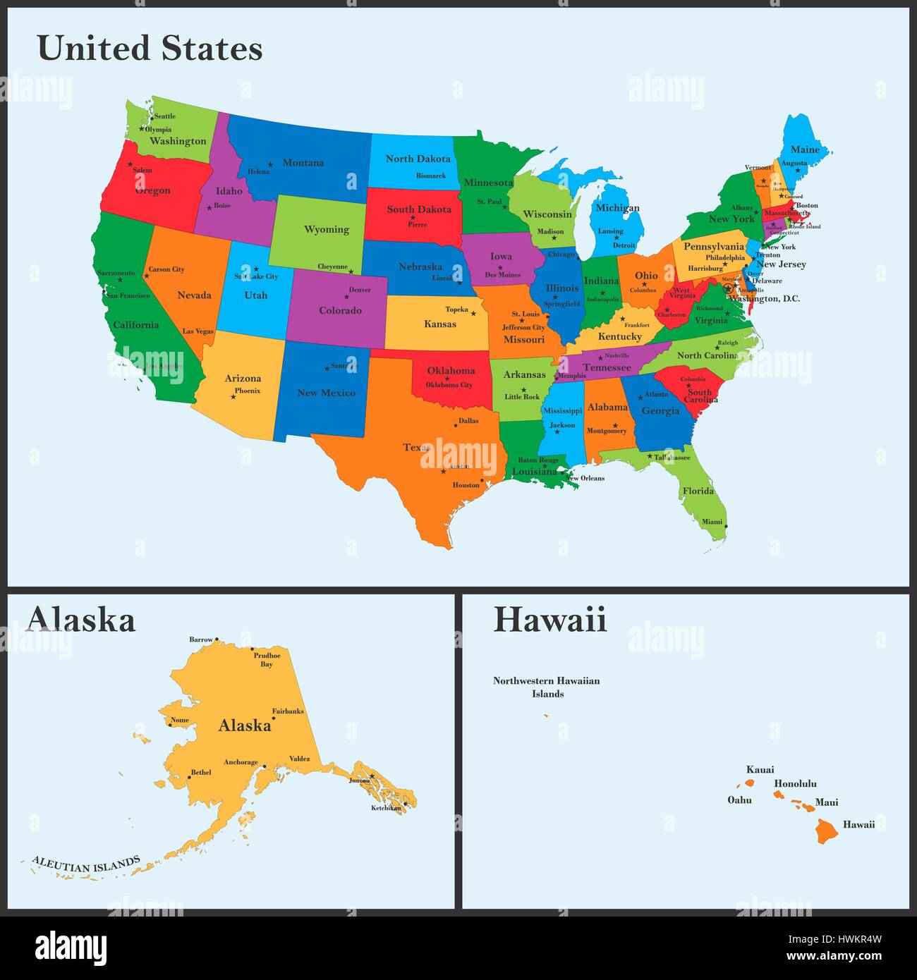 The detailed map of the USA including Alaska and Hawaii. The United States of America with the capitals and the biggest cities Stock Vector