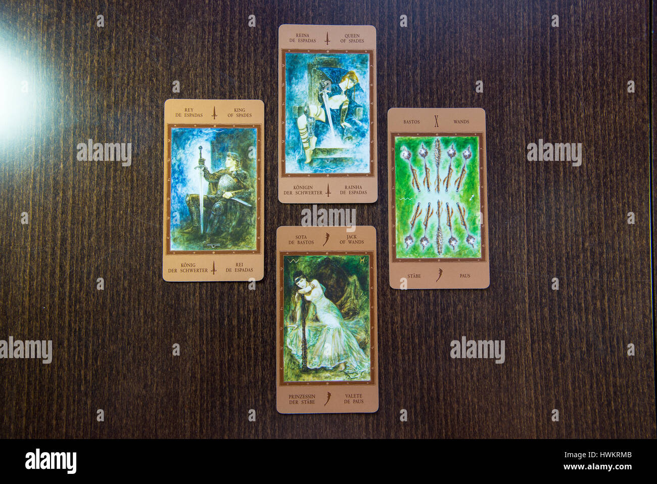 Moscow, Russia - January 29, 2017: Tarot cards on the wood. Labirinth tarot deck. Esoteric background Stock Photo