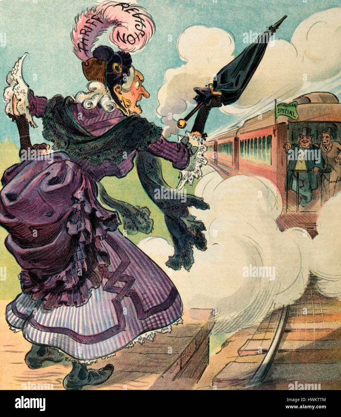 Left Again - Illustration shows an elderly woman labeled 'Tariff Revision' angrily shaking her umbrella after being left standing on the railroad station platform as the 'Republican Special' departs in a cloud of dust; two men standing on the back of the last car are laughing at her. 1904 Stock Photo