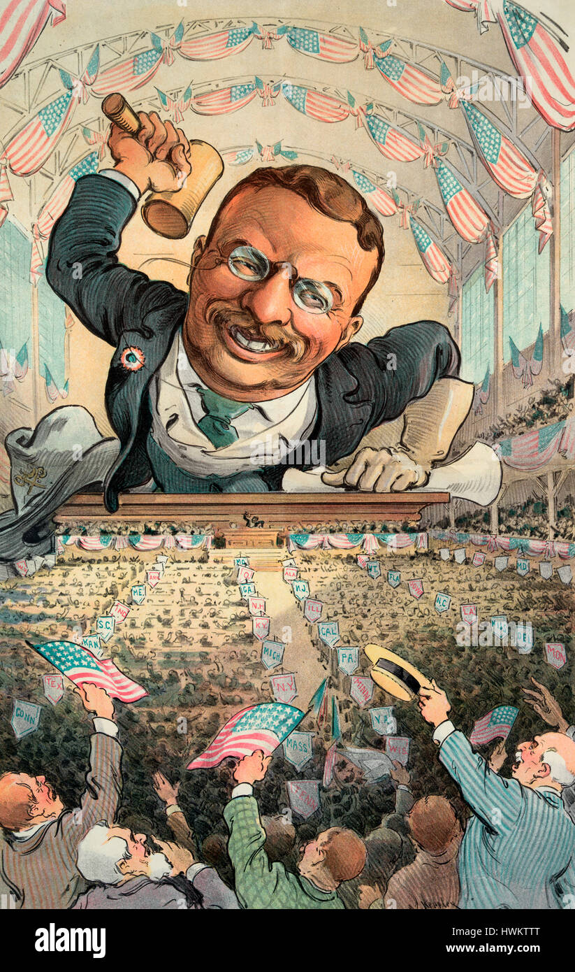 Chicago, June 21, 1904 - 'All in favor of the nomination will say aye!'  Illustration shows an interior view of the convention hall, with an oversized Theodore Roosevelt leaning forward at a podium, holding a gavel raised in his right hand, in the foreground are the delegates attending the Republican National Convention, June 21, 1904, in Chicago, Illinois. Stock Photo