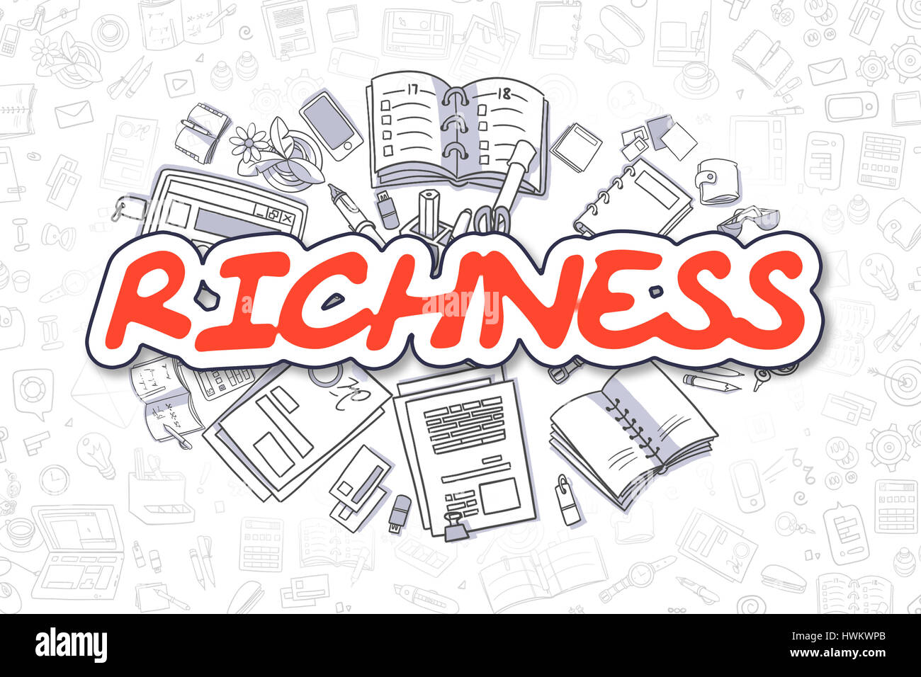 Richness - Doodle Red Text. Business Concept. Stock Photo