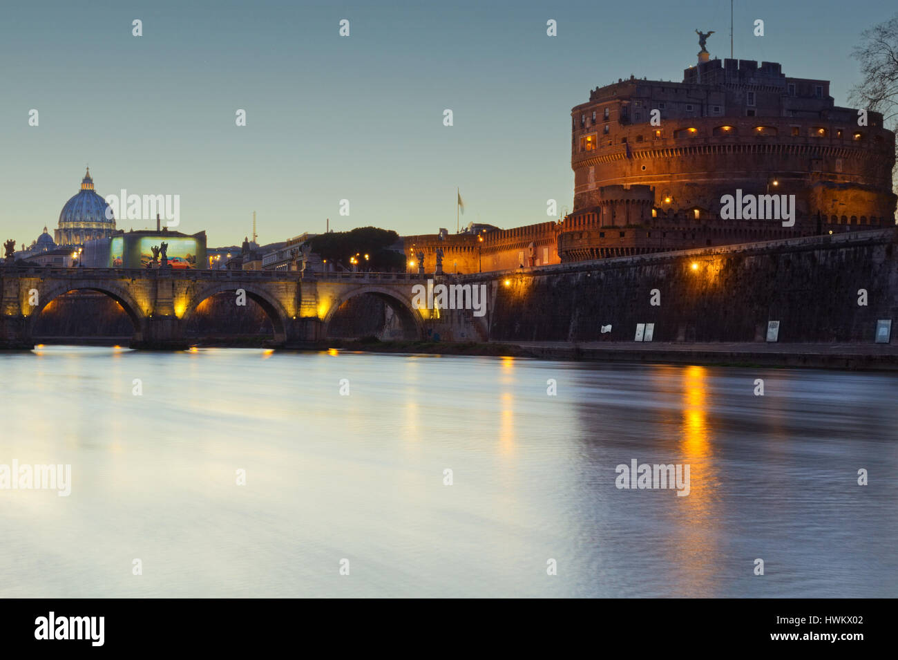 Saint Peter, Castel Sant'Angelo, Bridge and Tiber in Rome at Blue Hour Stock Photo
