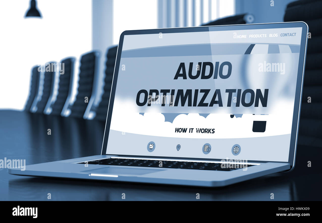 Landing Page of Laptop with Audio Optimization Concept. 3d. Stock Photo
