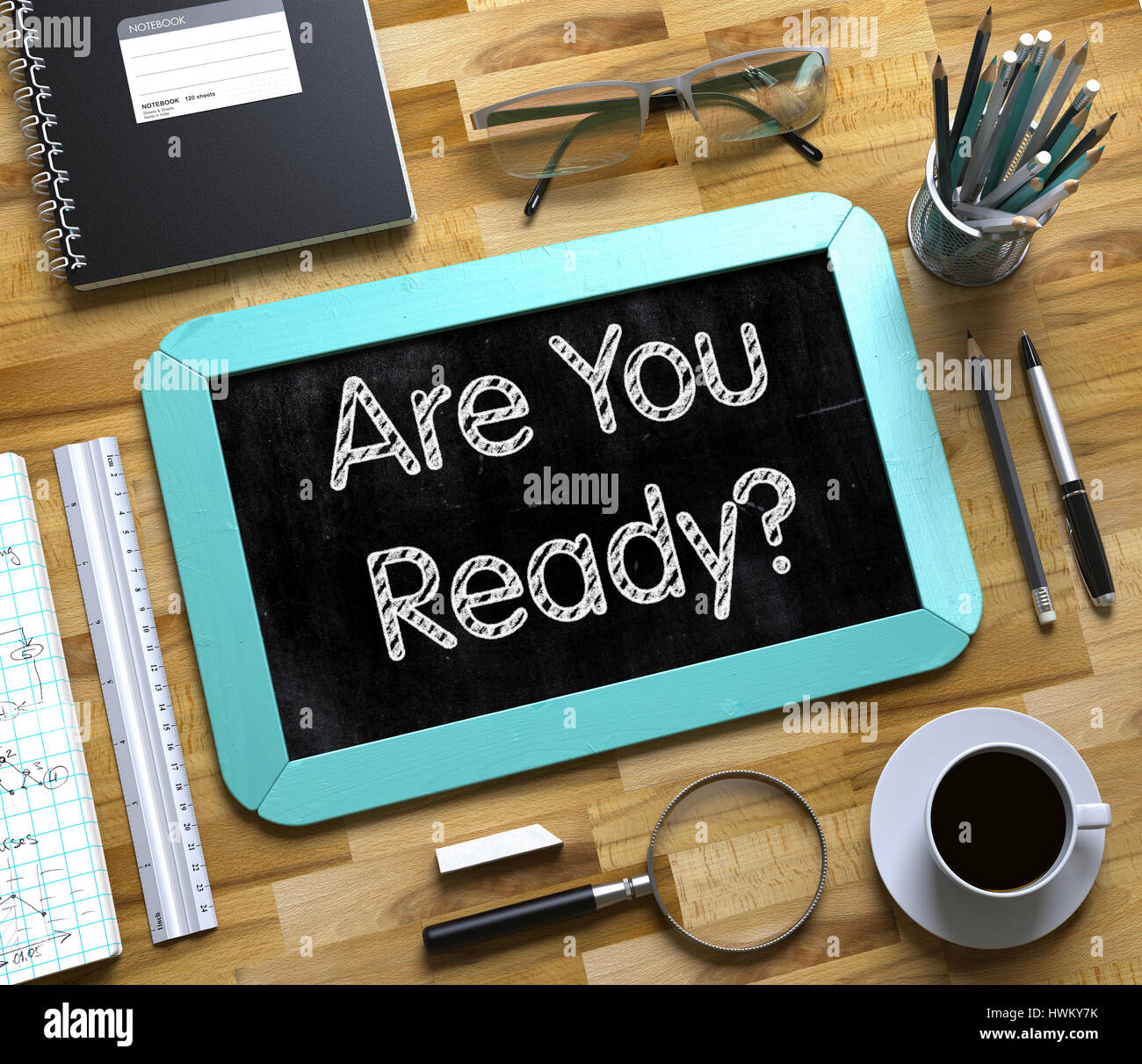 Small Chalkboard with Are You Ready Concept. 3d. Stock Photo