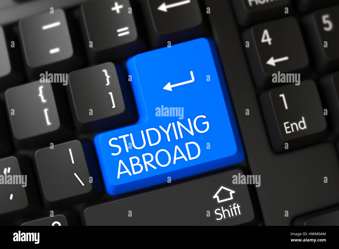 Keyboard with Blue Keypad - Studying Abroad. 3d. Stock Photo