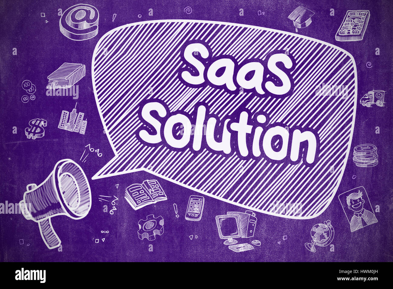 SaaS Solution - Cartoon Illustration on Purple Chalkboard. Stock Photo
