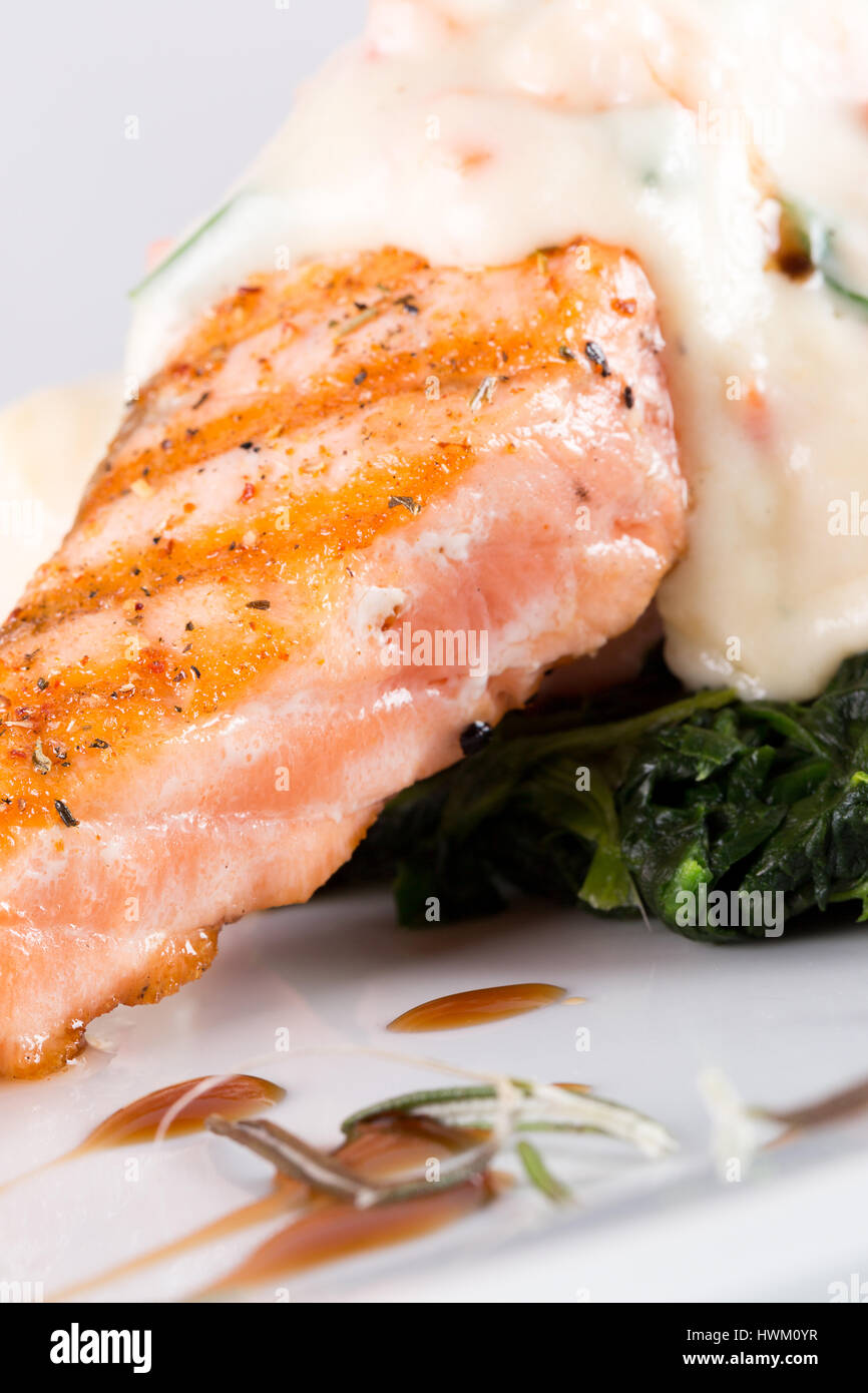 grilled salmon steak with sauce Stock Photo - Alamy
