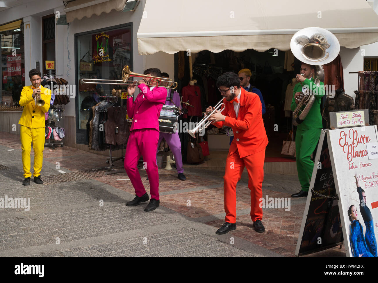 Nerja Carnival 2017, street jazz musicians playing, Andalusia, Spain Stock Photo
