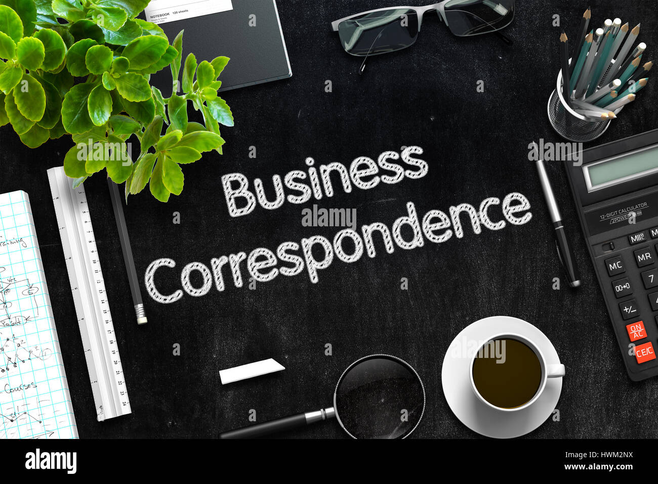 Business Correspondence on Black Chalkboard. 3D Rendering. Stock Photo