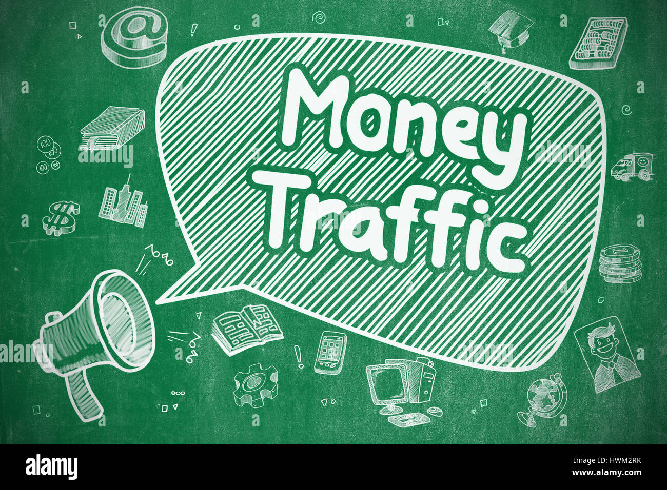 Money Traffic - Cartoon Illustration on Green Chalkboard. Stock Photo