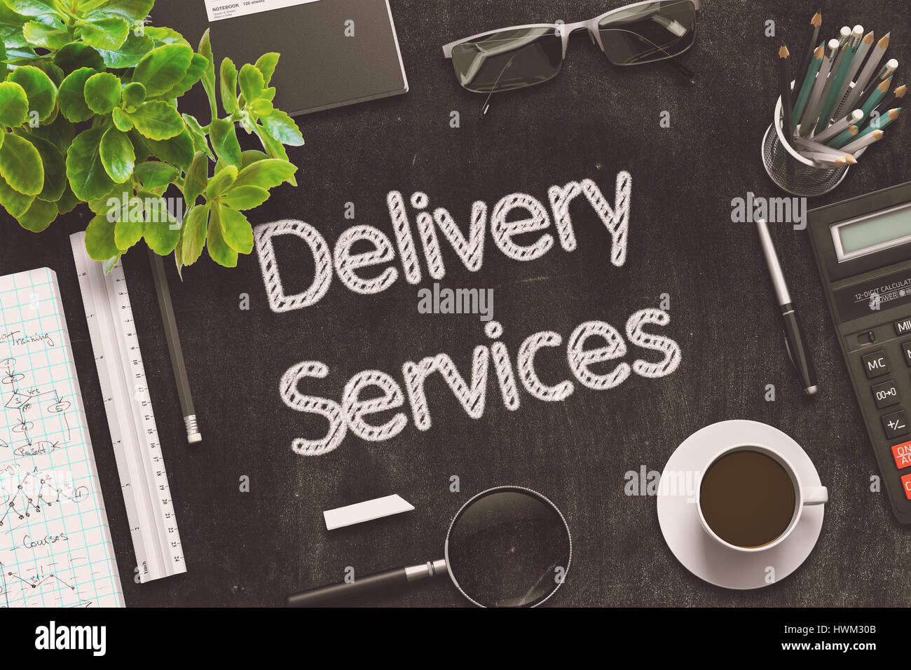 Delivery Services Concept on Black Chalkboard. 3D Rendering Stock Photo