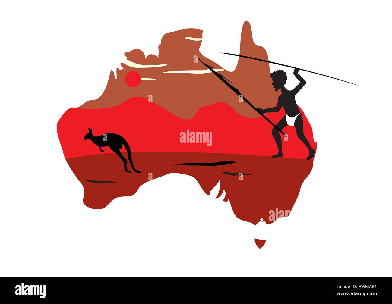 Map of Australia and one hopping kangaroo and aboriginal man Stock Vector