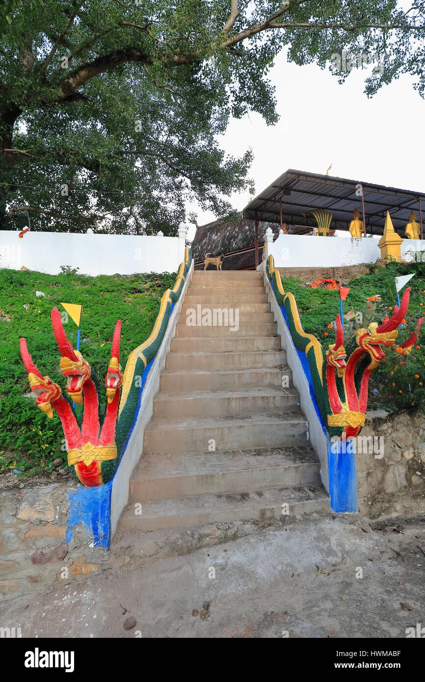 Rear entrance of Wat Pha Singkham temple beside the Nam Phak river-modern building home to a 400 year old Buddha statue believed to be powerful to mak Stock Photo