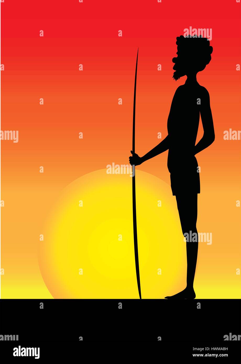 silhouette of one aborigine man in the sunset Stock Vector