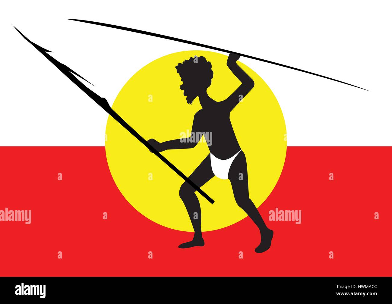 one hunting aboriginal man on red and white background Stock Vector