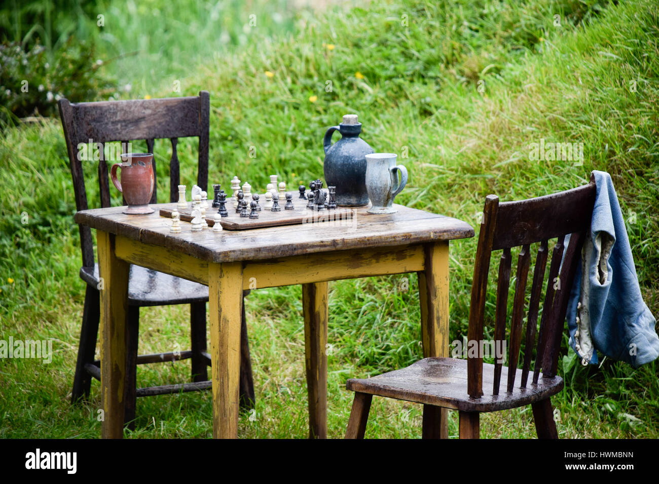 Hobbit chess table at Hobbiton, New-Zealand Stock Photo