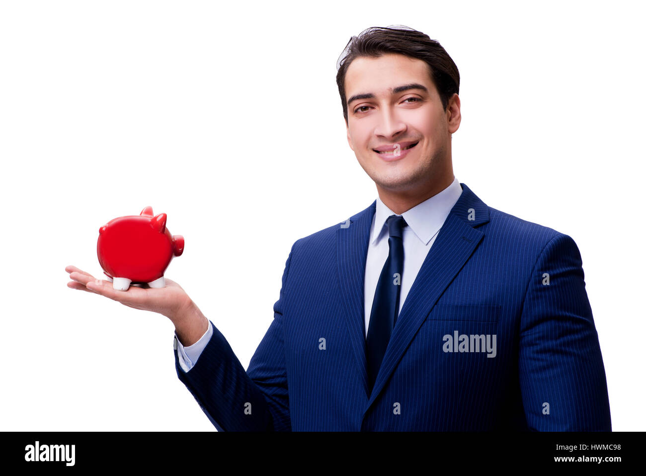 Handsome man with piggybank isolated on white Stock Photo - Alamy