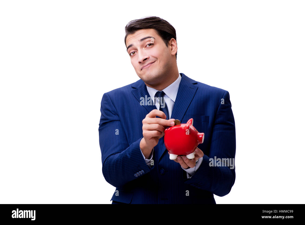 Handsome man with piggybank isolated on white Stock Photo - Alamy