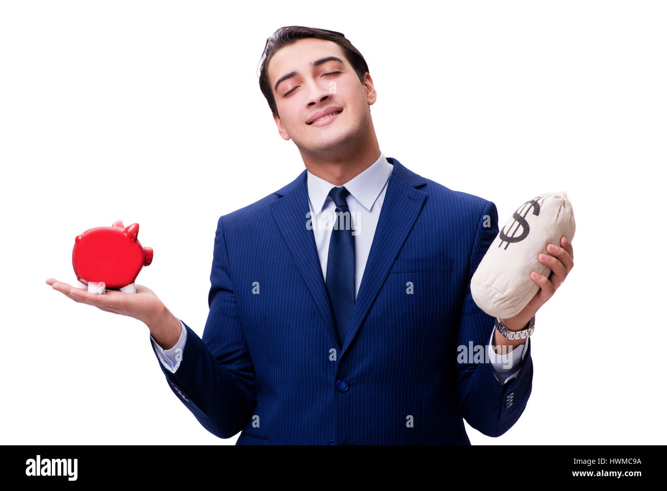 Handsome man with piggybank isolated on white Stock Photo - Alamy