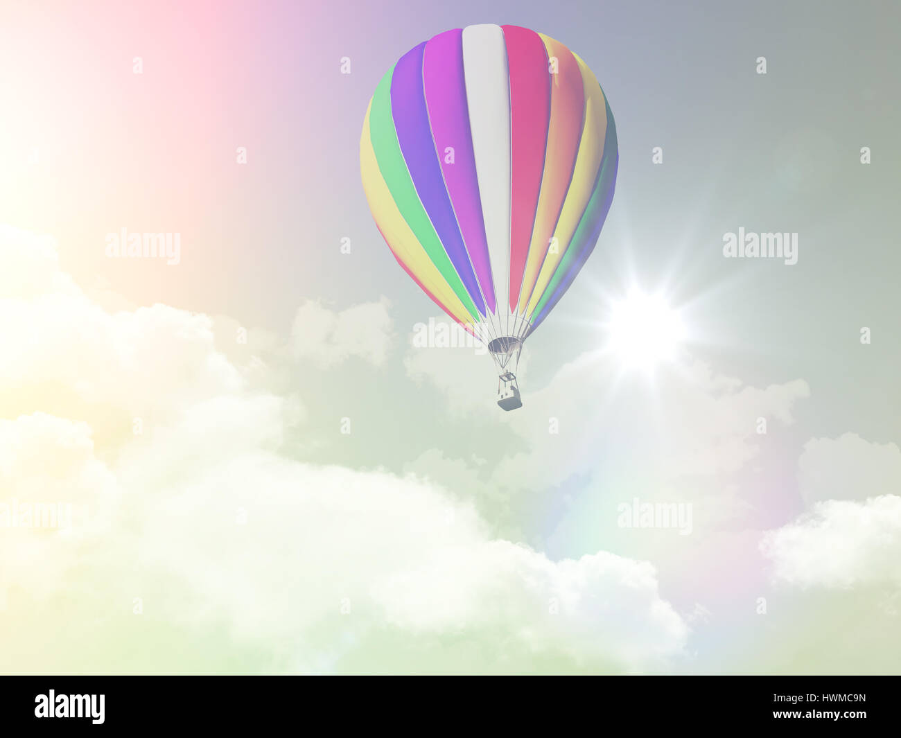 3D render of hot air balloon in a blue cloudy sky with a retro effect ...