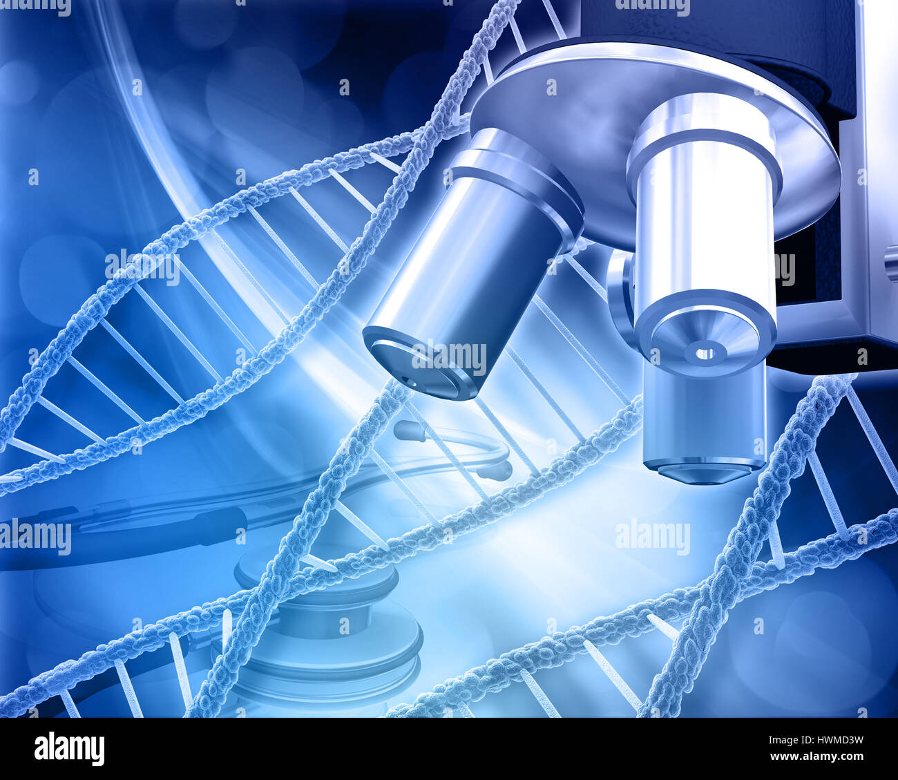 Abstract medical background with DNA strands, microscope and
