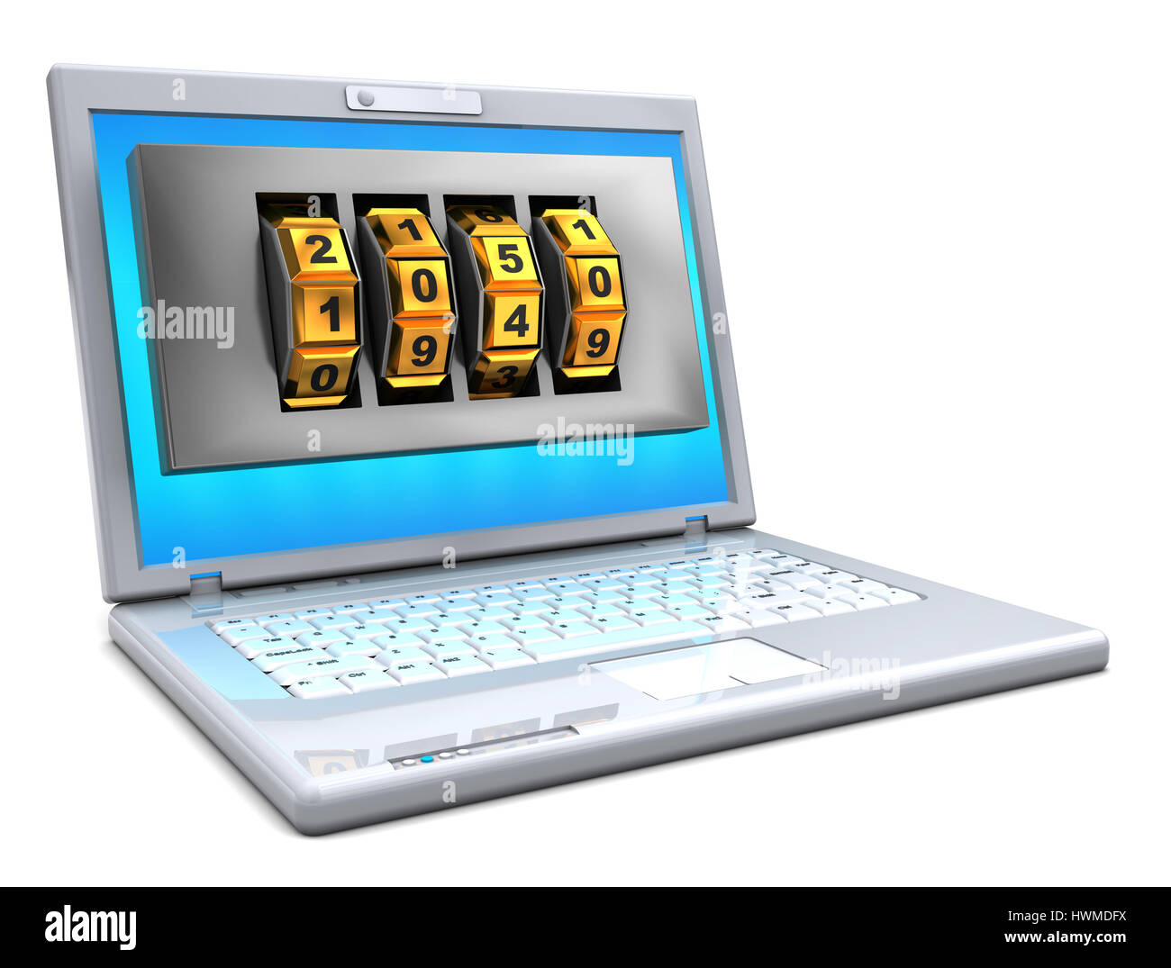 3d illustration of laptop computer with combination lock in screen