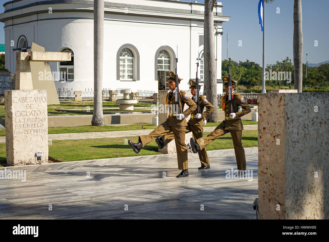 Santiago de Cuba, Cuba - January 10, 2016: Guard mounting or changing the guard at the Mausoleum of Jose Marti in the cemetery of Santa Ifigenia in Sa Stock Photo
