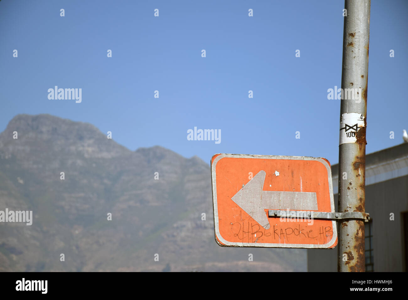 One way street sign, Cape Town, South Africa. Table Mountain in the