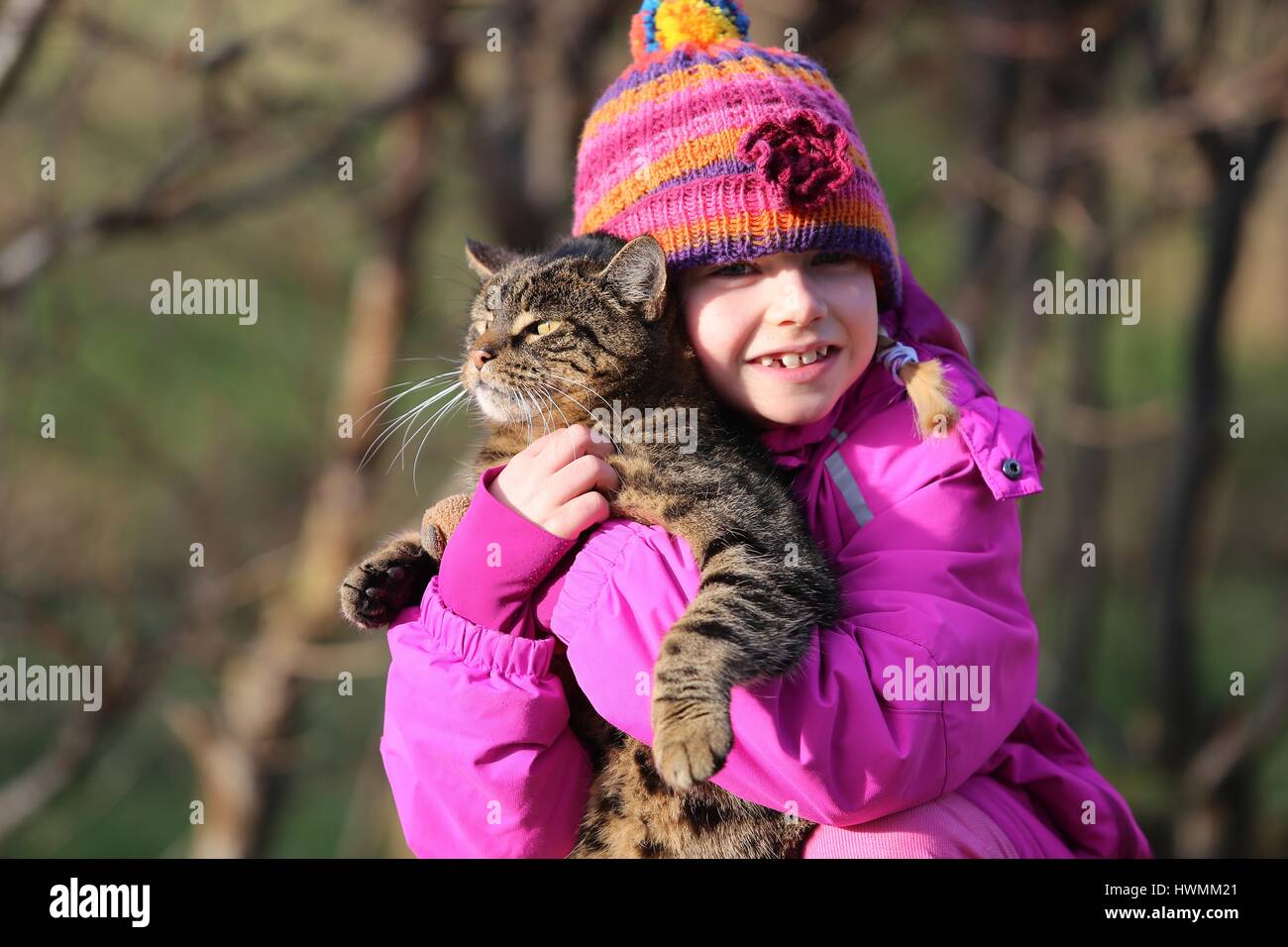 girl and domestic cat Stock Photo
