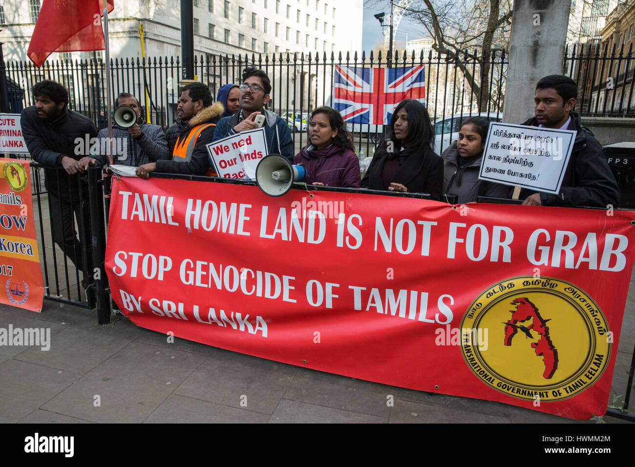 London, UK. 21st March, 2017. British Tamils protest outside Downing Street against genocide against the Tamil people in Sri Lanka. Stock Photo