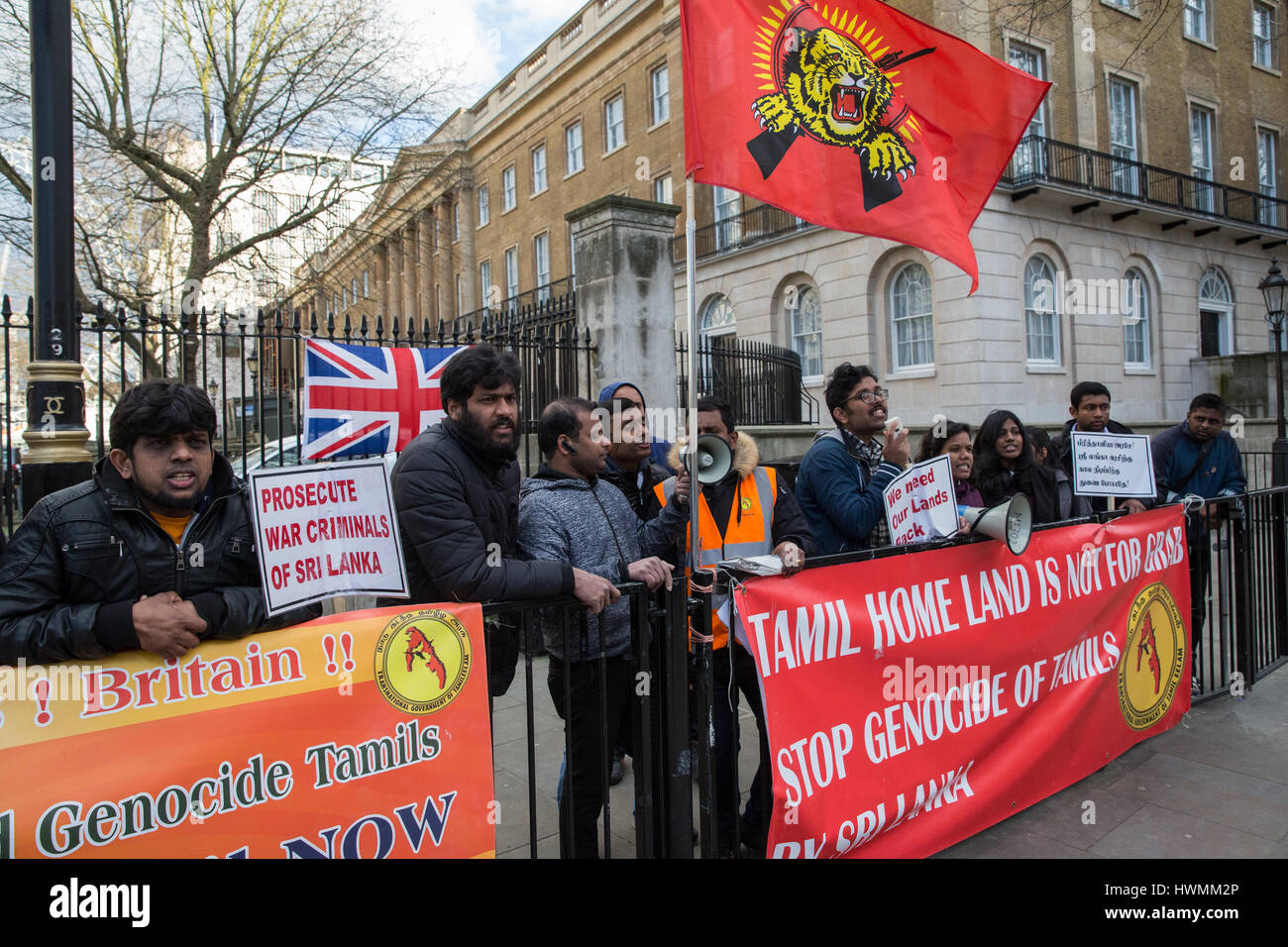London, UK. 21st March, 2017. British Tamils protest outside Downing Street against genocide against the Tamil people in Sri Lanka. Stock Photo