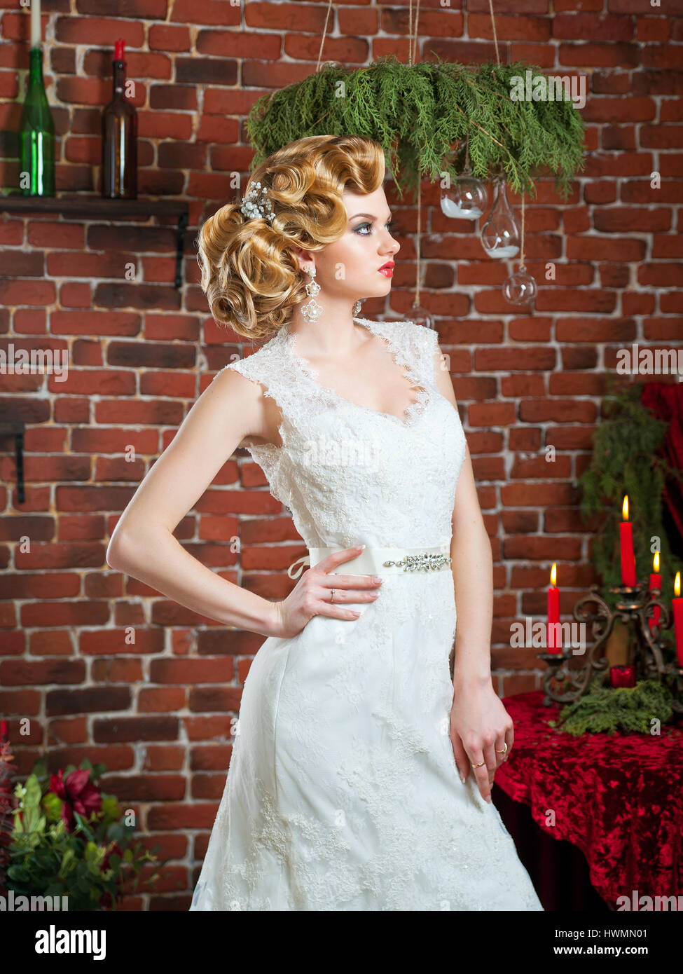 portrait of blonde bride in interior Stock Photo - Alamy