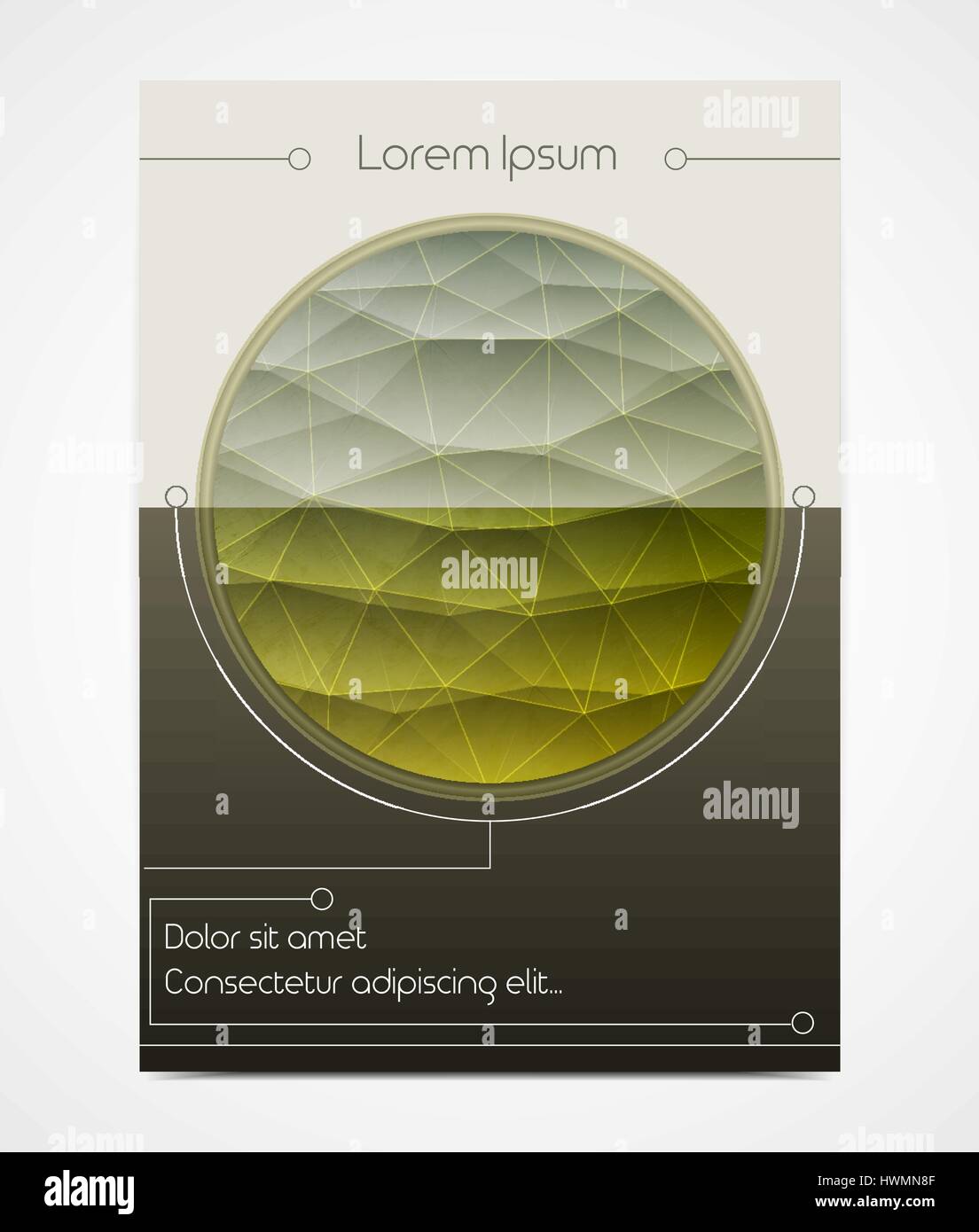 Cover design with polygonal circle. Horizon line in a round frame. Wheat field. Geometric style. It can be used as poster, booklet, brochure, book. Si Stock Vector