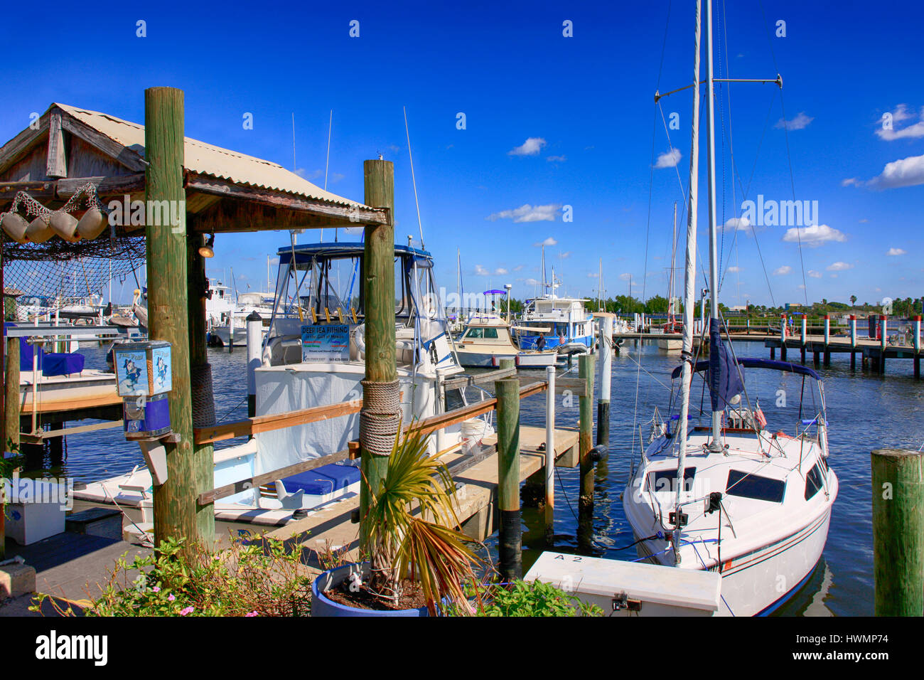 Boats in Fisherman's Village yacht basin in Punta Gorda, Florida Stock