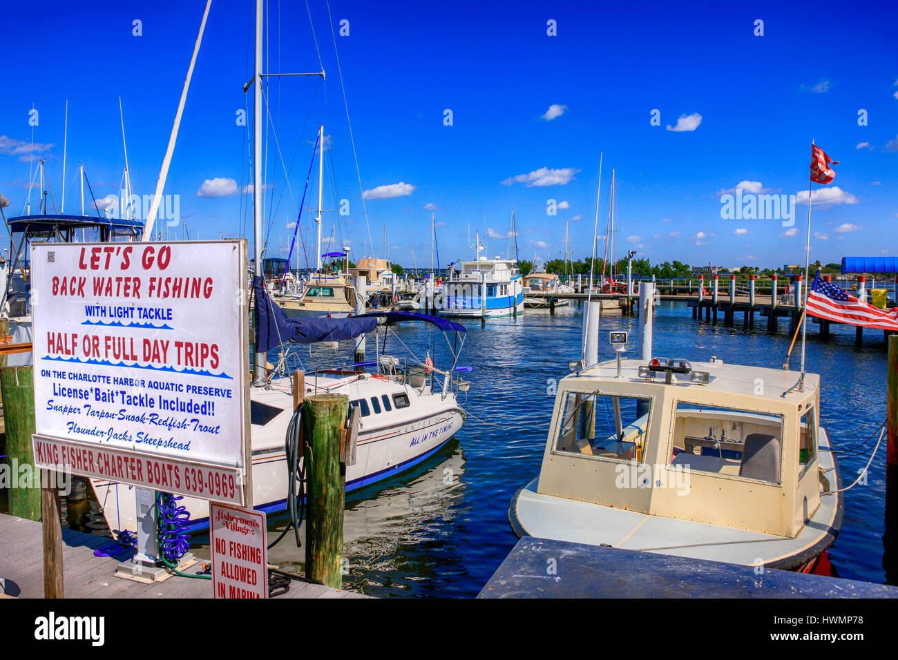 Boats in Fisherman's Village yacht basin in Punta Gorda, Florida Stock