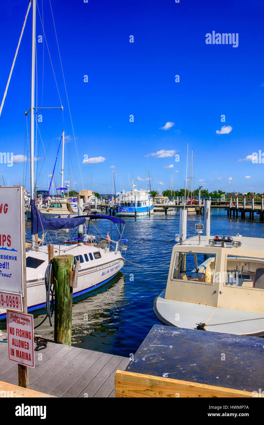 Boats in Fisherman's Village yacht basin in Punta Gorda, Florida Stock