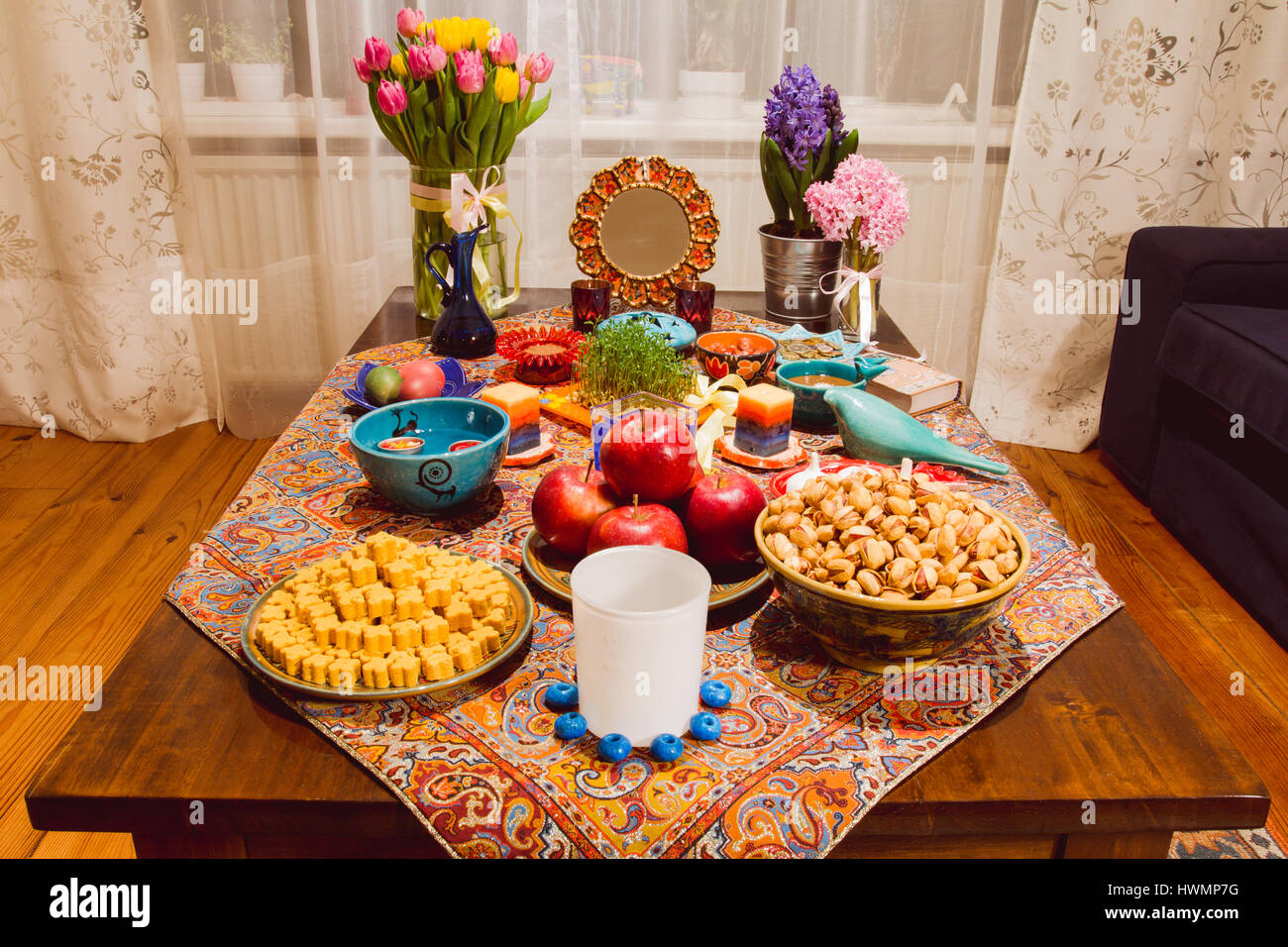Haft Seen traditional table of Nowruz. A "Haft Seen" setting in Tehran, Iran. Haft-Seen also spelled as Haft Sin (Persian: هفت‌سین‎‎, the seven seen's Stock Photo