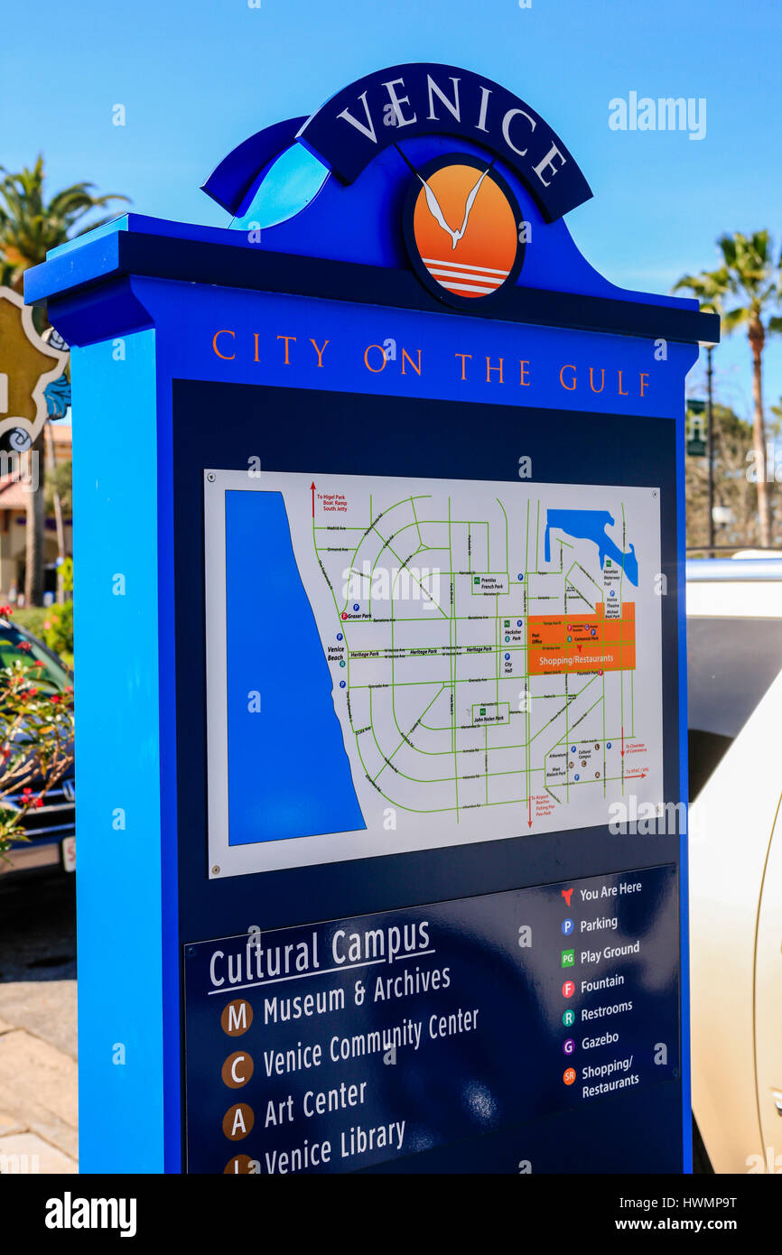 Blue Street map sign: Venice, FL - City on the Gulf Stock Photo