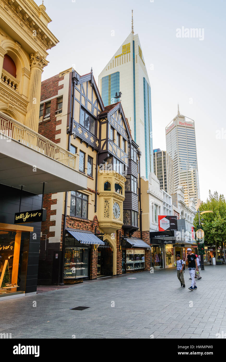 PERTH, AUSTRALIA - December 17, 2015 Perth, Hay Street Mall. The Pedestrian zone is an shopping street in Perth city with partly very old buildings. Stock Photo