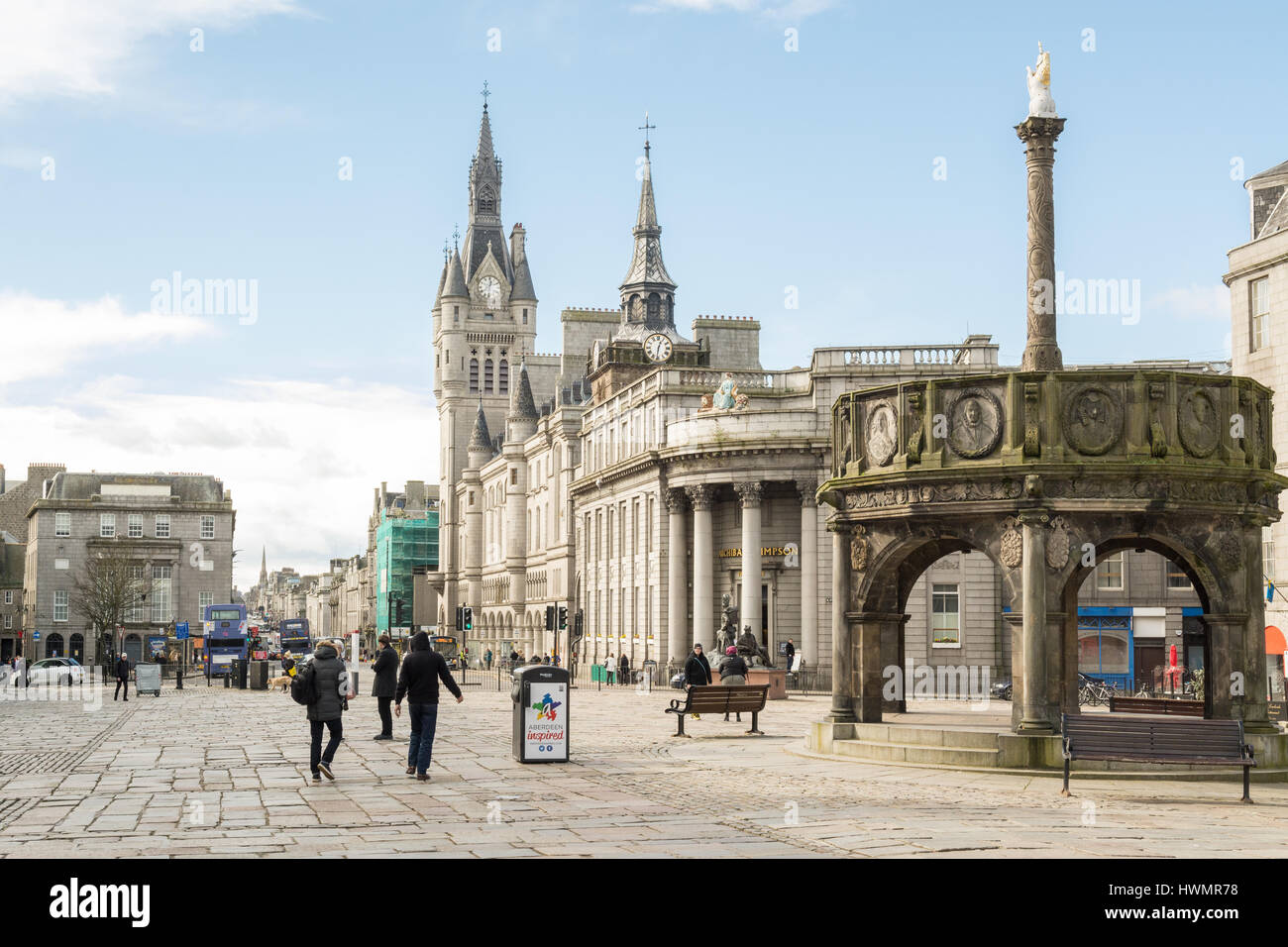 Aberdeen city centre - Market Cross, Castlegate towards Aberdeen Town House and Union Street Stock Photo