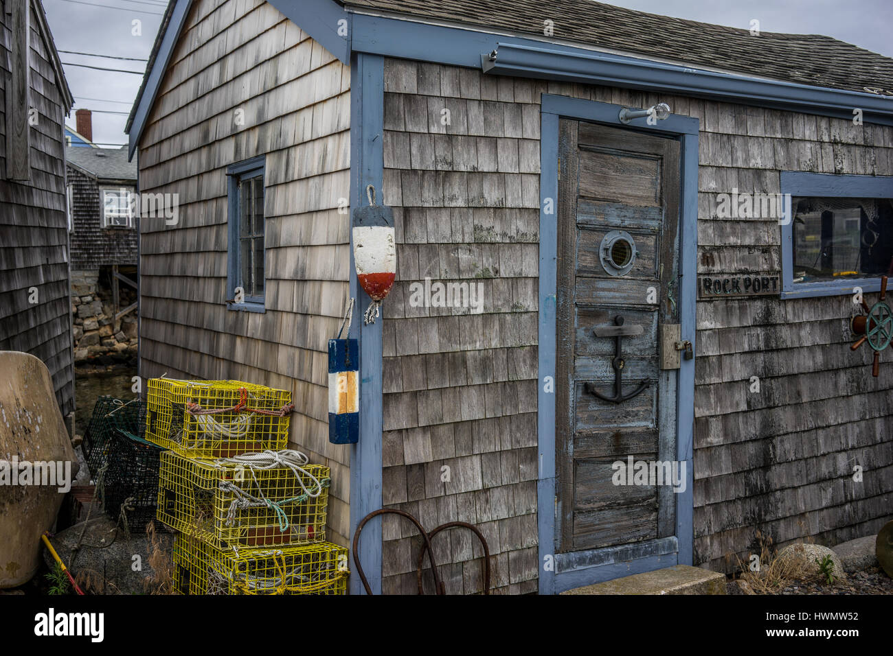 Sea Shanty with lobster traps stacked outside in Rockport