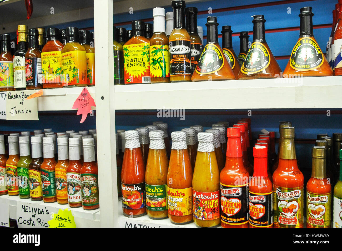 Spice store in Tarpon Springs.  Many sauces (salsas) and gourmet food.  Tarpon Springs.  Florida, United States. Stock Photo