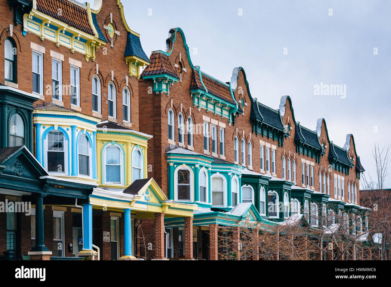 Colorful row houses along Calvert Street in Charles Village, Baltimore