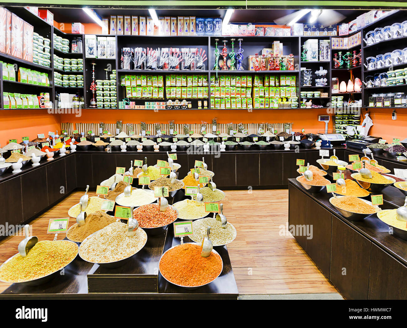 Retail store in closed market trading spices, coloured powders, curry and teas in Paddy's market of Sydney Stock Photo