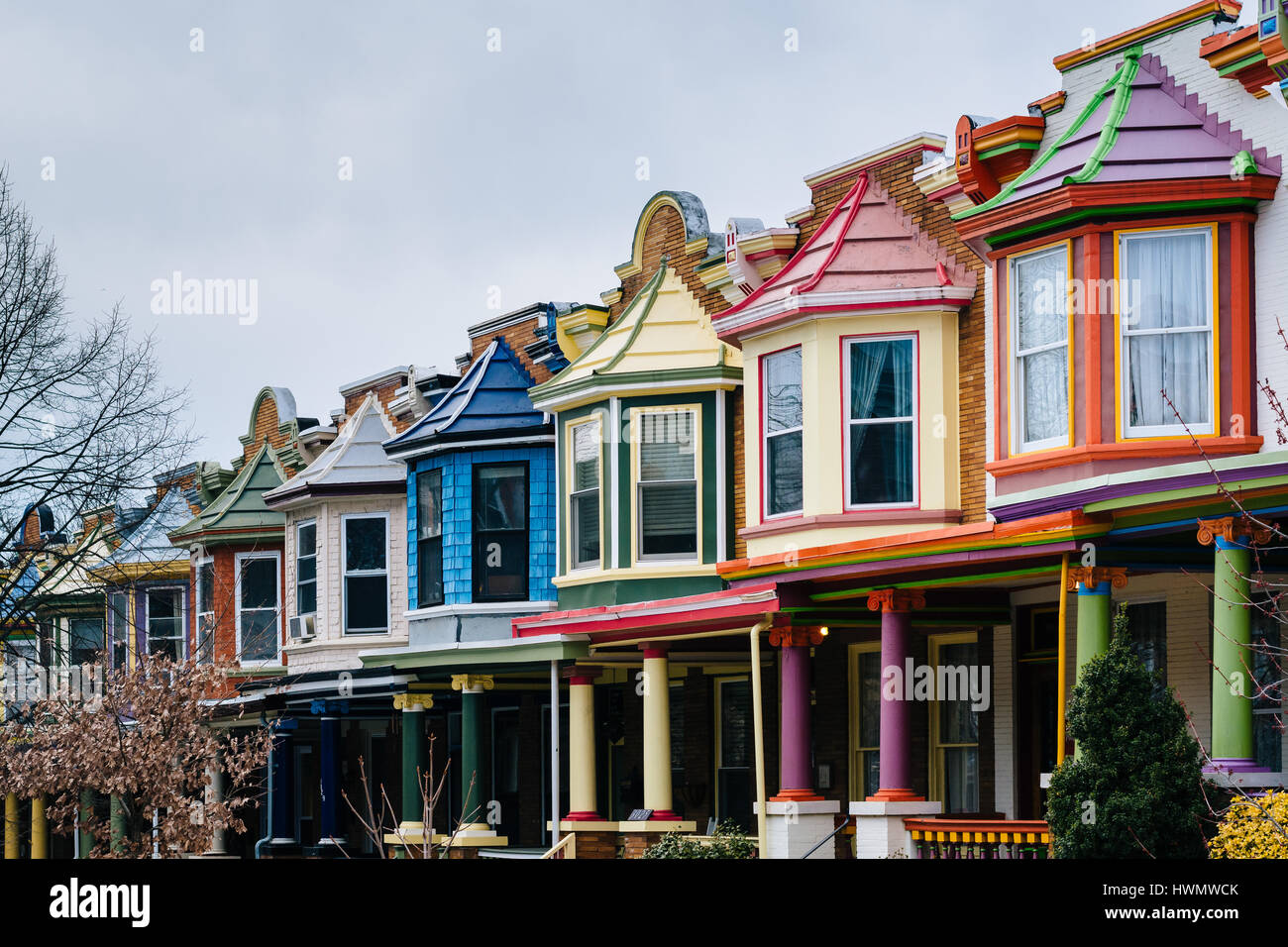 The colorful Painted Ladies row houses, on Guilford Avenue, in Charles Village, Baltimore, Maryland. Stock Photo